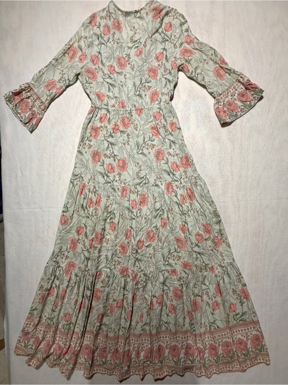 FLAW-SVF Boho Floral Tiered Maxi Dress Cowrie Shell V- Neck Size L / UK 12/US 8 - Picture 10 of 10